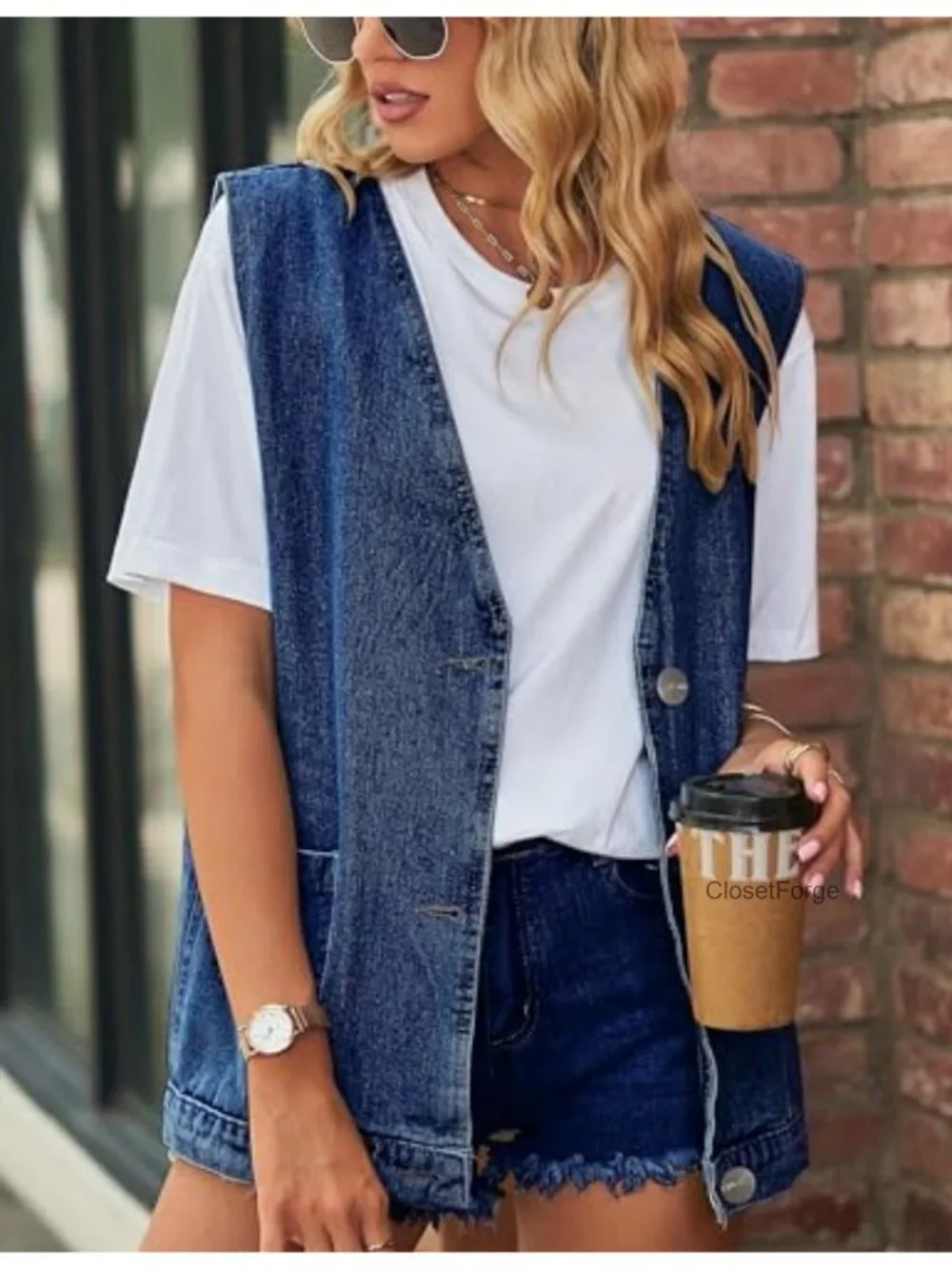 Oversized Sleeveless Denim Vest Button Down Jean Jacket Top